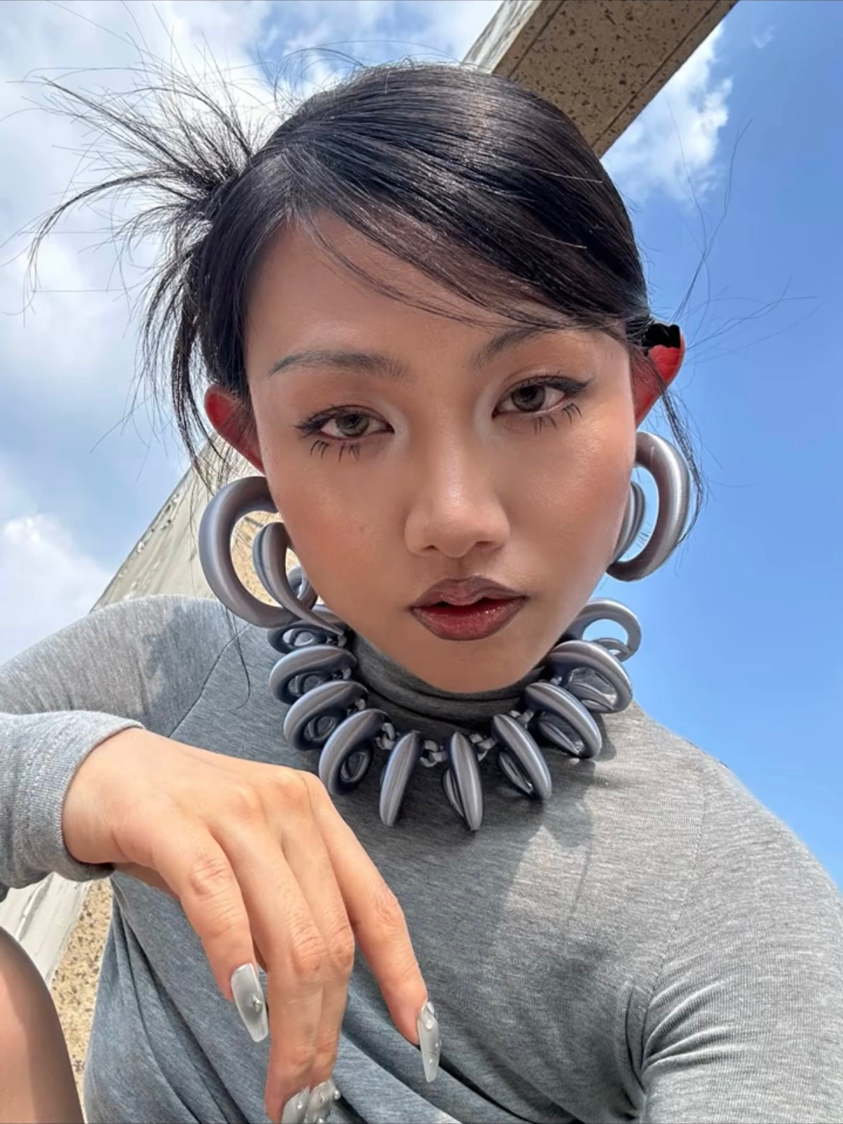 YALA.Lab | 3D Printed Futuristic Y3K Cool Girl Necklace and Earrings Set. Silver Necklace
