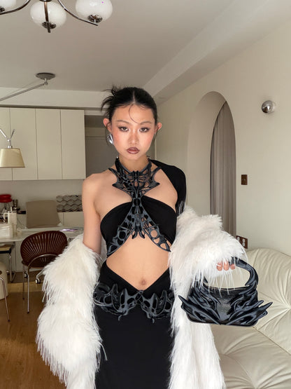 YALA.Lab｜3D-printed dark skeletal mesh choker & waist belt