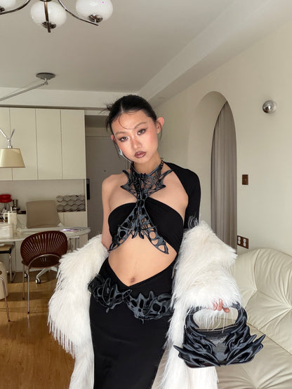 YALA.Lab｜3D-printed dark skeletal mesh choker & waist belt