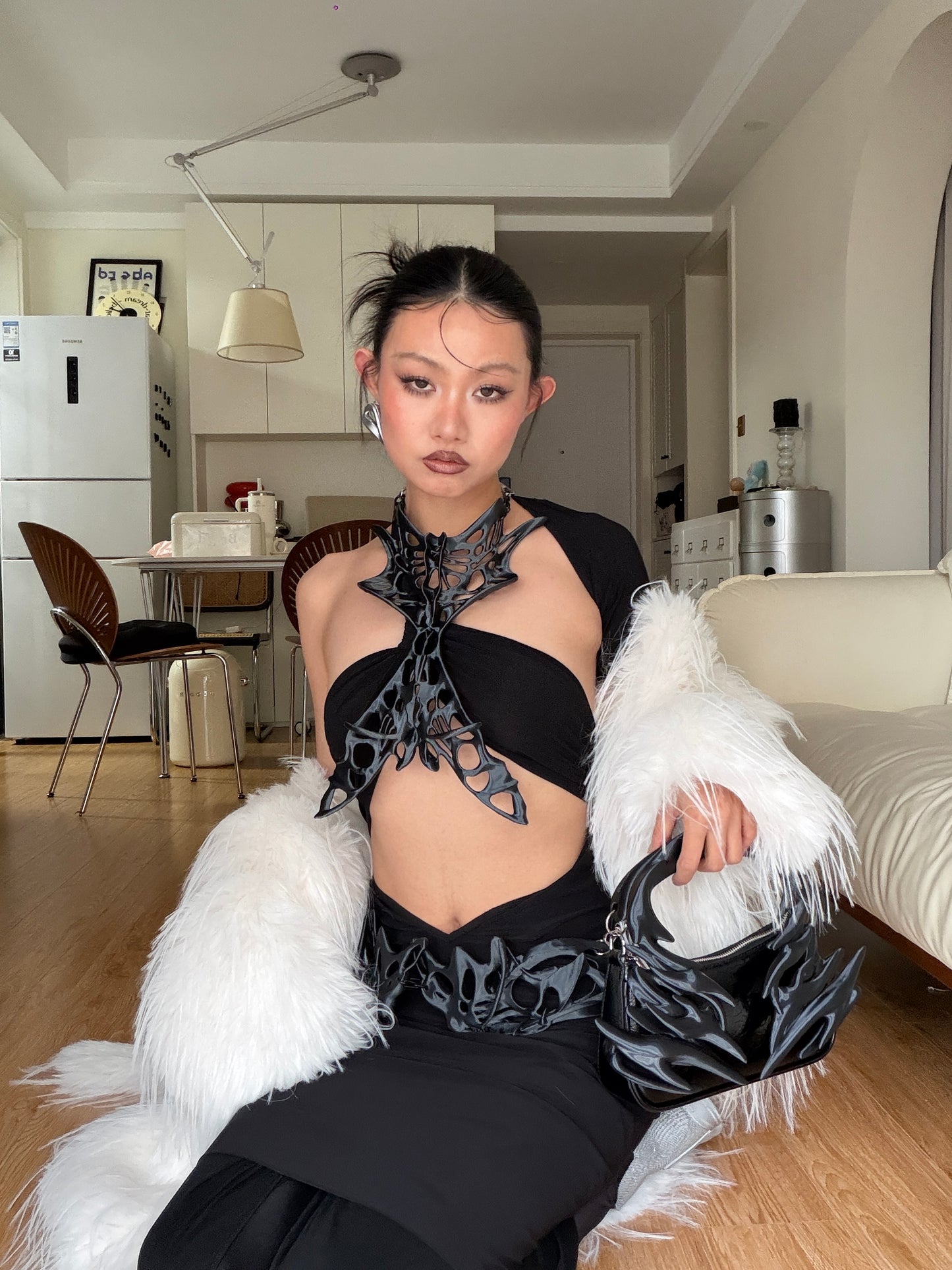 YALA.Lab｜3D-printed dark skeletal mesh choker & waist belt