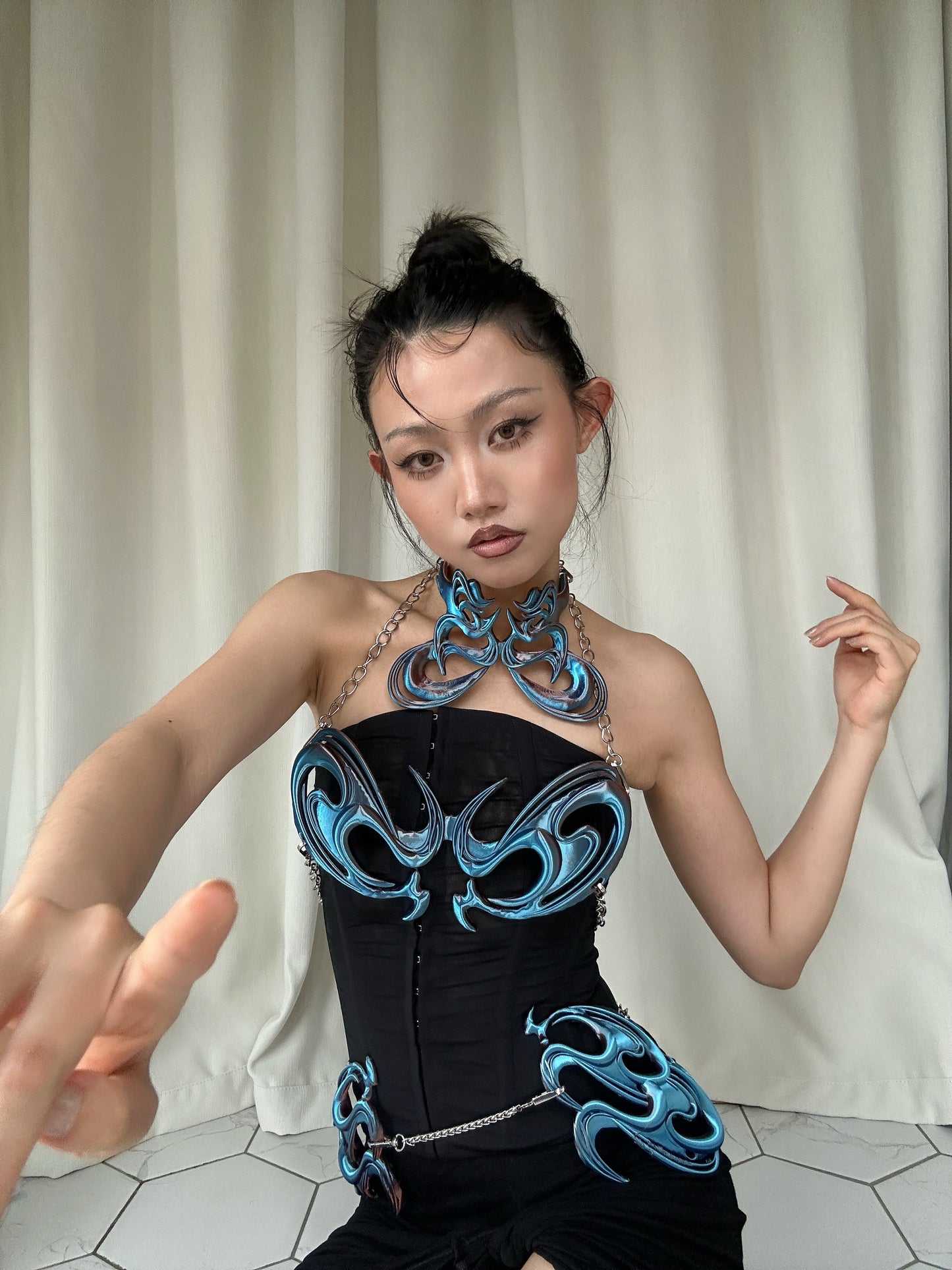 YALA.Lab | 3D Printed Future Mechanical Y3K Spicy Girl Totem Chest Armor and Waist Armor • Blue Chameleon Chest