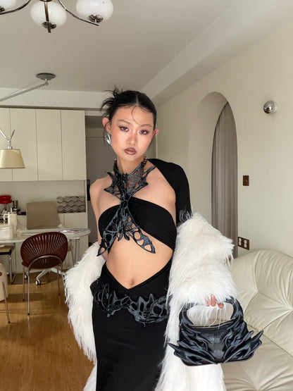 YALA.Lab｜3D-printed dark skeletal mesh choker & waist belt