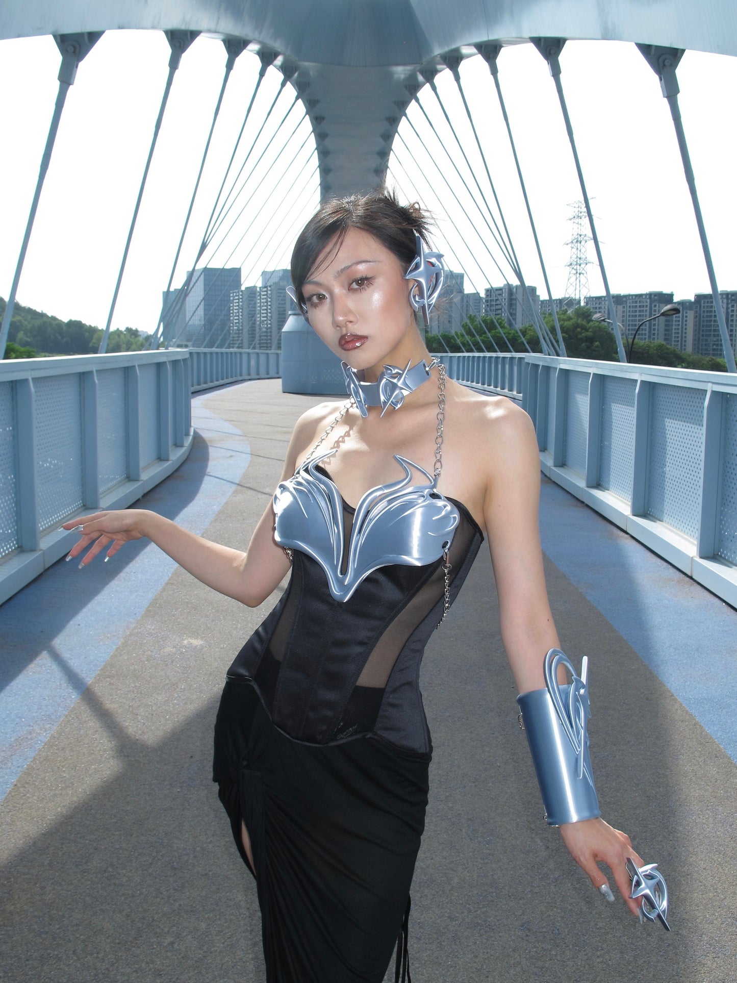 YALA.Lab | 3D printed tetrahedron futuristic tech-themed electronic Y3K girl bra