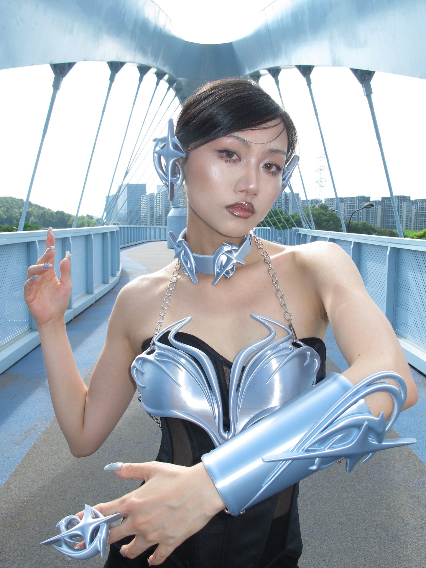 YALA.Lab | 3D printed tetrahedron futuristic tech-themed electronic Y3K girl bra