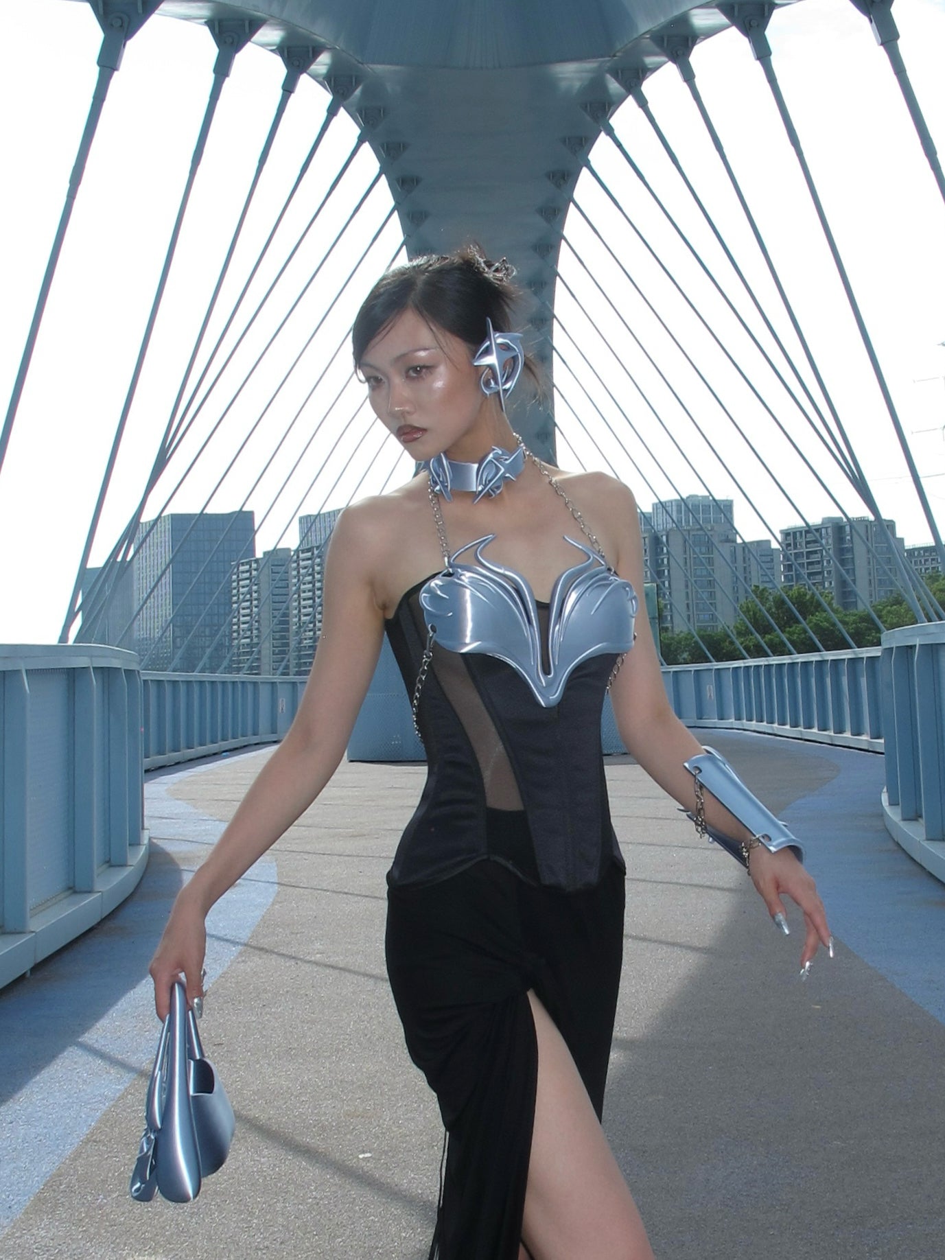 YALA.Lab | 3D printed tetrahedron futuristic tech-themed electronic Y3K girl bra