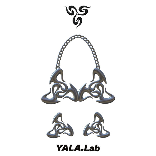 YALA.Lab | 3D printed biochemical triangular totem futuristic tech accessory set for Y3K girl with exaggerated earrings and necklaces